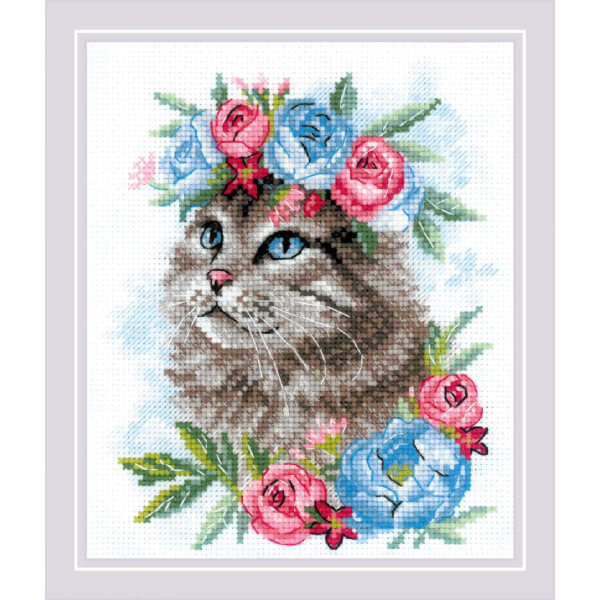Riolis counted cross stitch kit "Cat in Flowers", 15x18cm, DIY