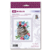 Riolis borduurpakket "Kat in bloemen", zelf te maken, 15x18cm