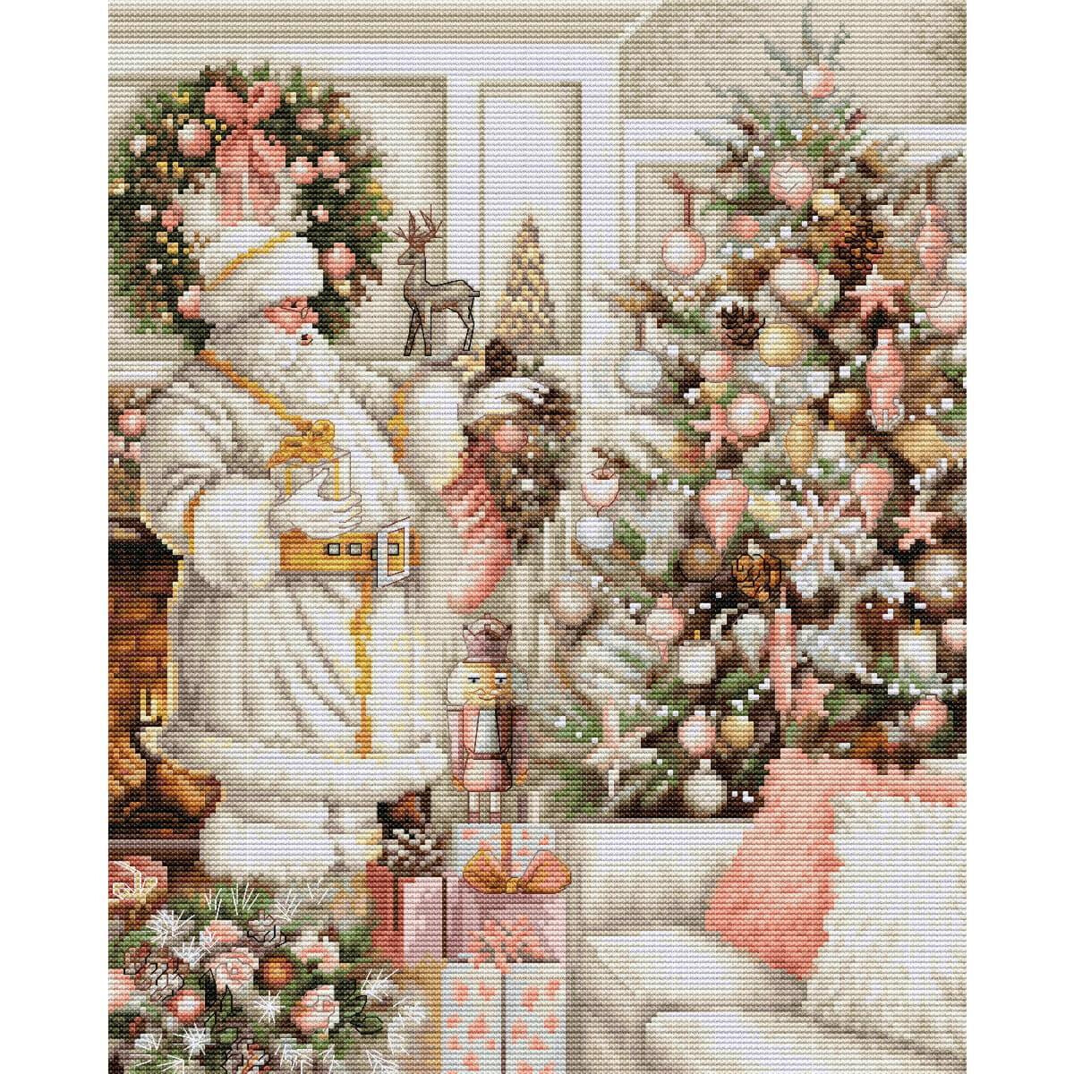 A festive tapestry shows Santa Claus in a white suit...