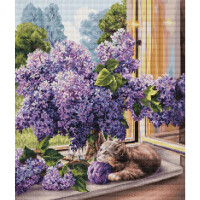 An embroidery pack picture by Luca-s shows a peaceful scene with a gray cat resting on a rocky outcrop next to a large bouquet of blooming lilac flowers. An open window and a bright green landscape with trees and a partly cloudy blue sky can be seen in the background. The cat playfully touches a ball of wool.