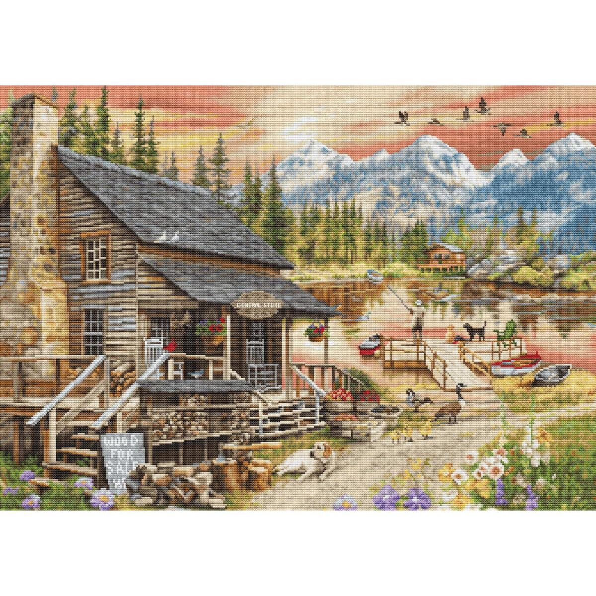 Eine malerische Szene einer rustikalen Holzhütte mit...