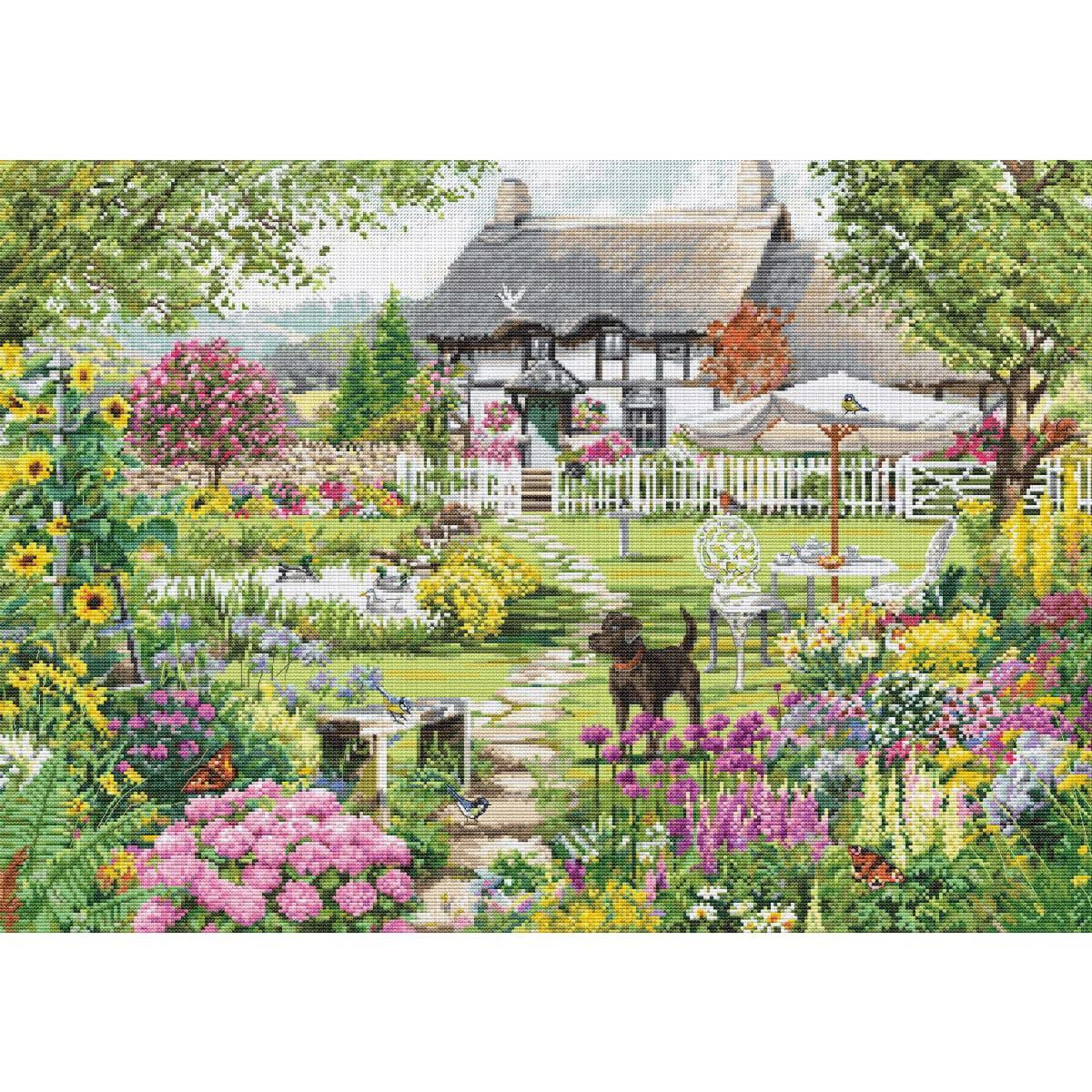 Красочная сцена в саду с мощеной дорожкой, ведущей к...