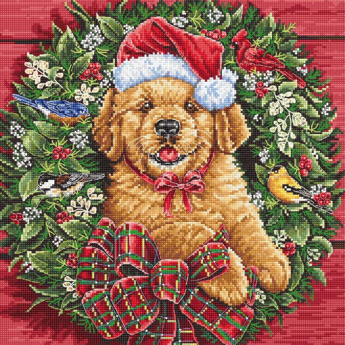 A cross stitch picture of a Golden Retriever puppy with a...