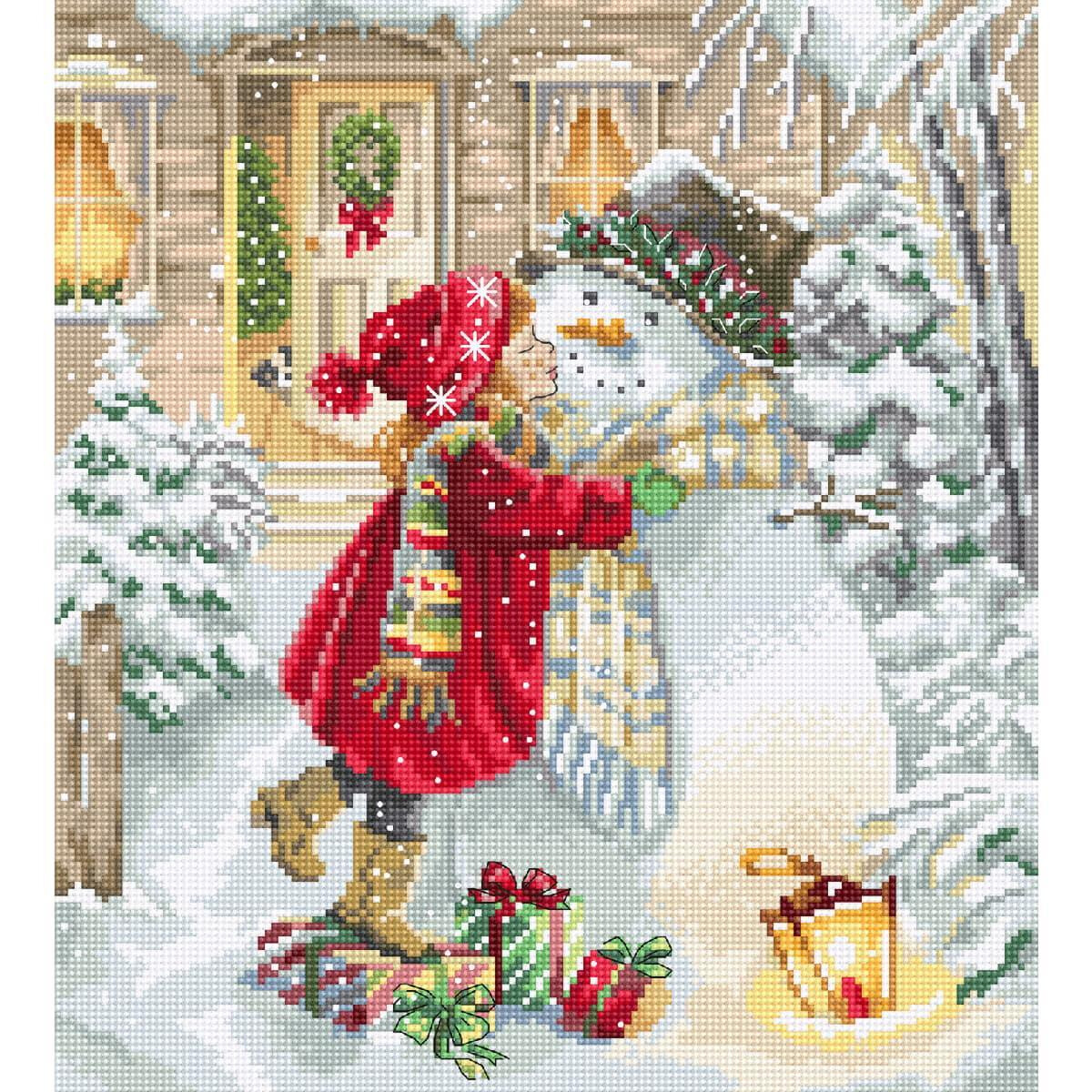 A snowy scene shows a child in a red coat and hat...