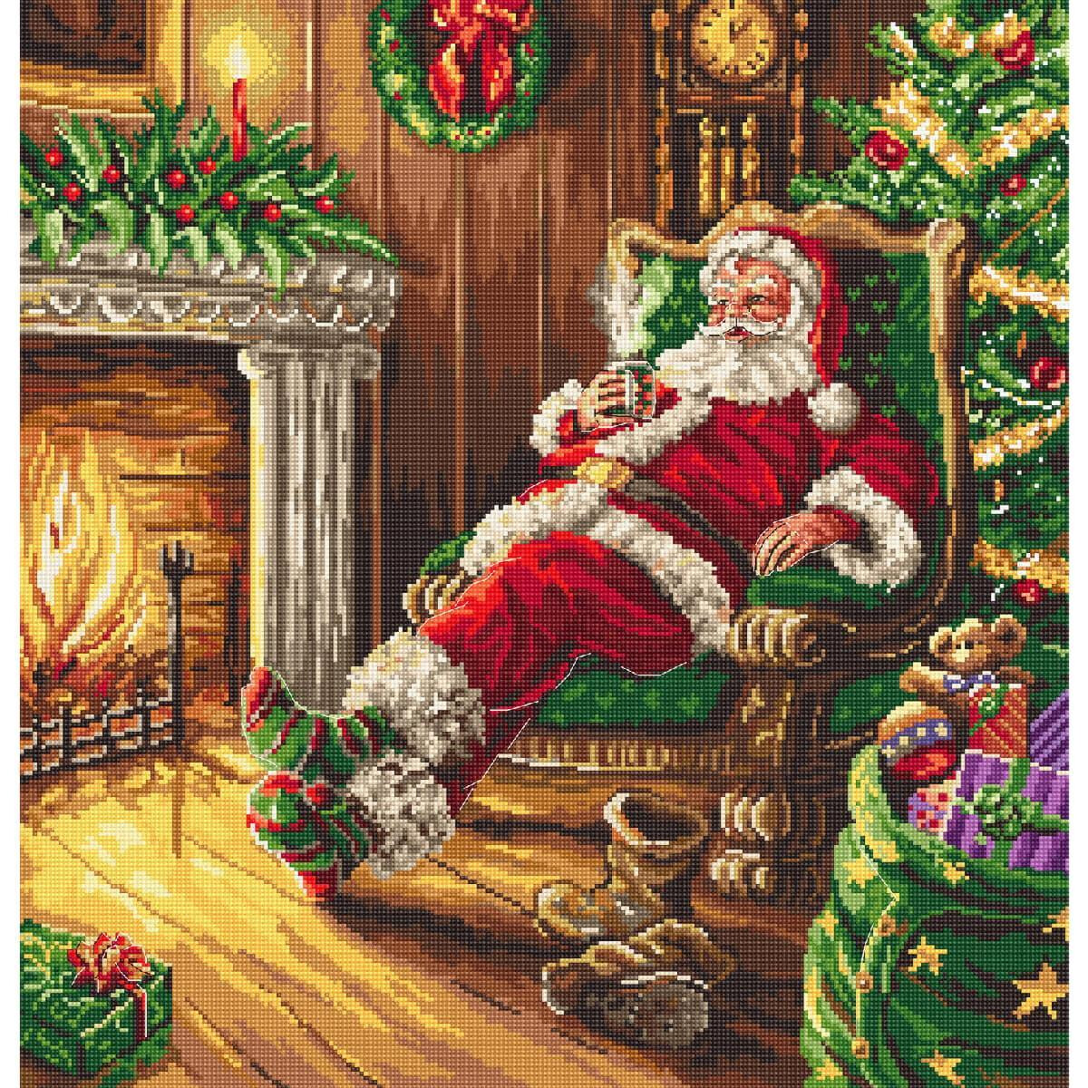 A cozy scene with Santa Claus in a red suit with white...