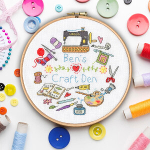 Bothy Threads counted cross stitch kit with wooden hoop "My Craft Den", XHS12, Diam. 17,5cm, DIY