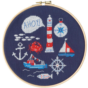 Bothy Threads counted cross stitch kit with wooden hoop "Ahoy", XJH1, Diam. 17,5cm, DIY