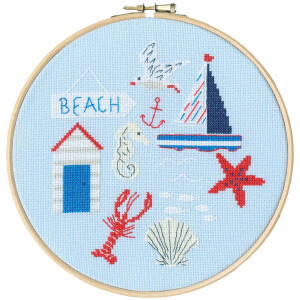 Bothy Threads counted cross stitch kit with wooden hoop "Beach", XJH2, Diam. 17,5cm, DIY
