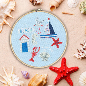 Bothy Threads counted cross stitch kit with wooden hoop "Beach", XJH2, Diam. 17,5cm, DIY