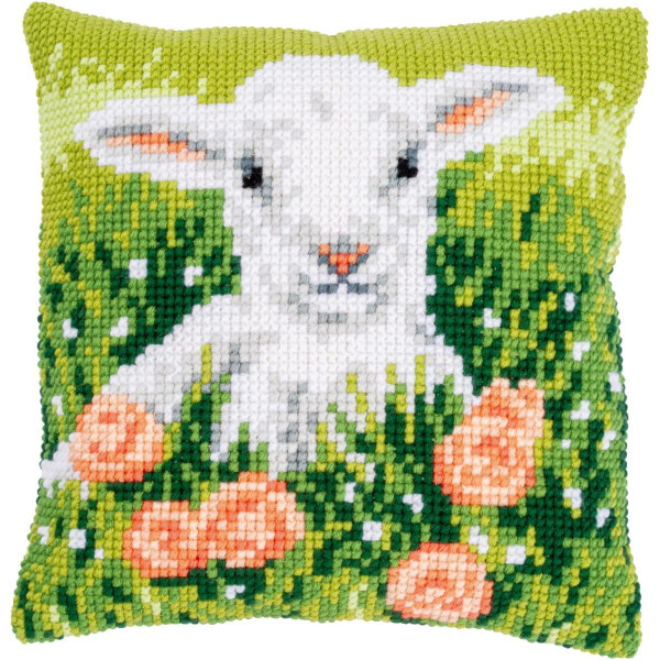 Vervaco stamped cross stitch kit cushion "Lamm zwischen Blumen", 40x40cm, DIY