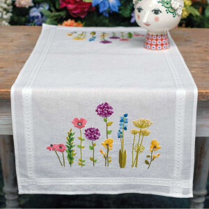 Camino de mesa Vervaco juego de punto de satén "Flores de primavera", imagen de bordado predibujada, 40x100cm