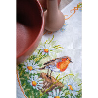 Vervaco counted cross stitch kit tablechloth "Gänseblümchen und Robin ", 32x84cm, DIY