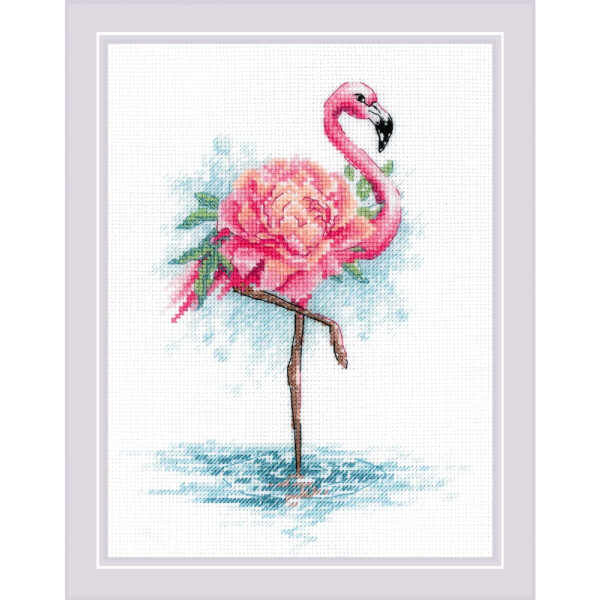 Riolis borduurpakket "Blooming Flamingo", geteld, DIY, 18x24cm