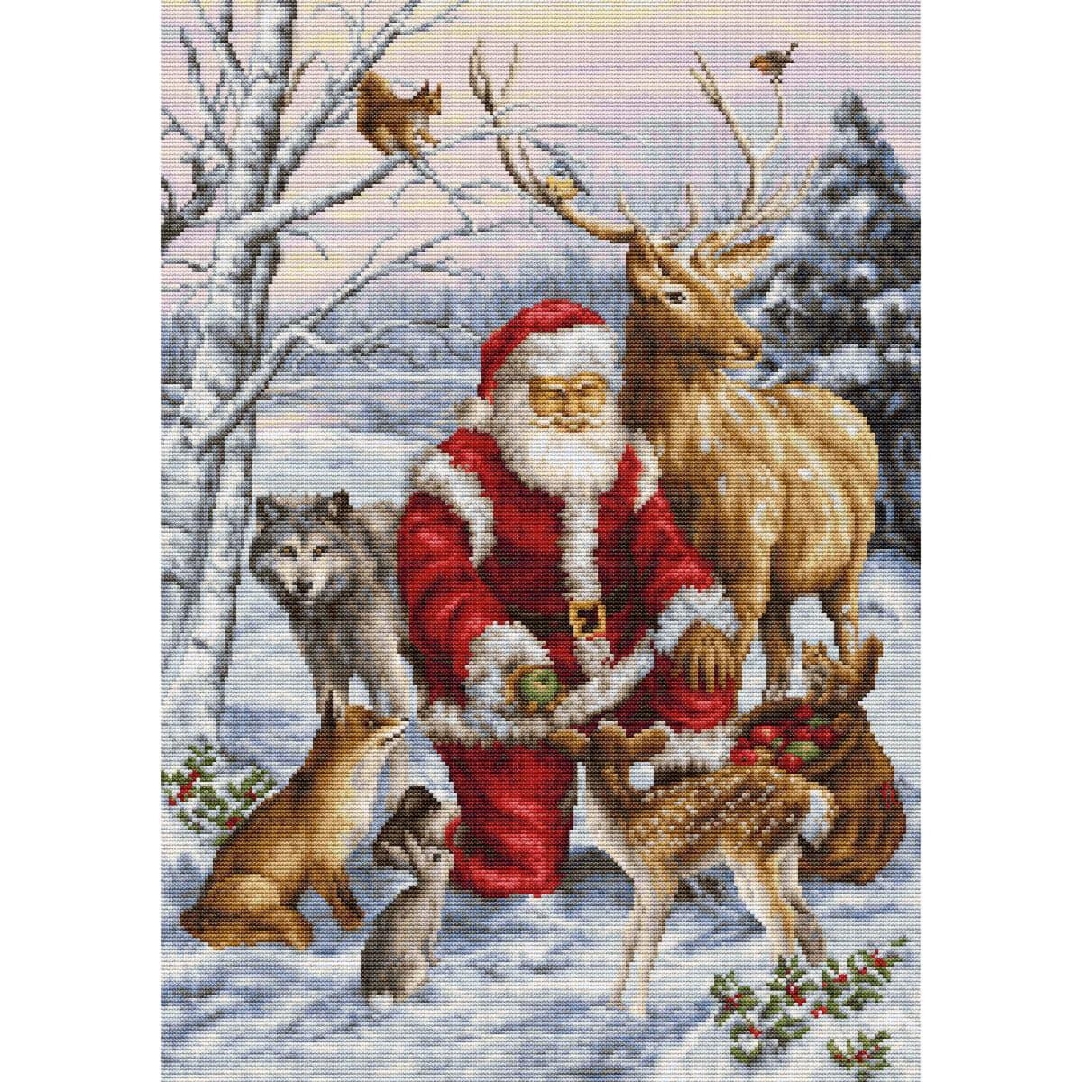 Santa Claus is standing in a snowy forest, surrounded by...