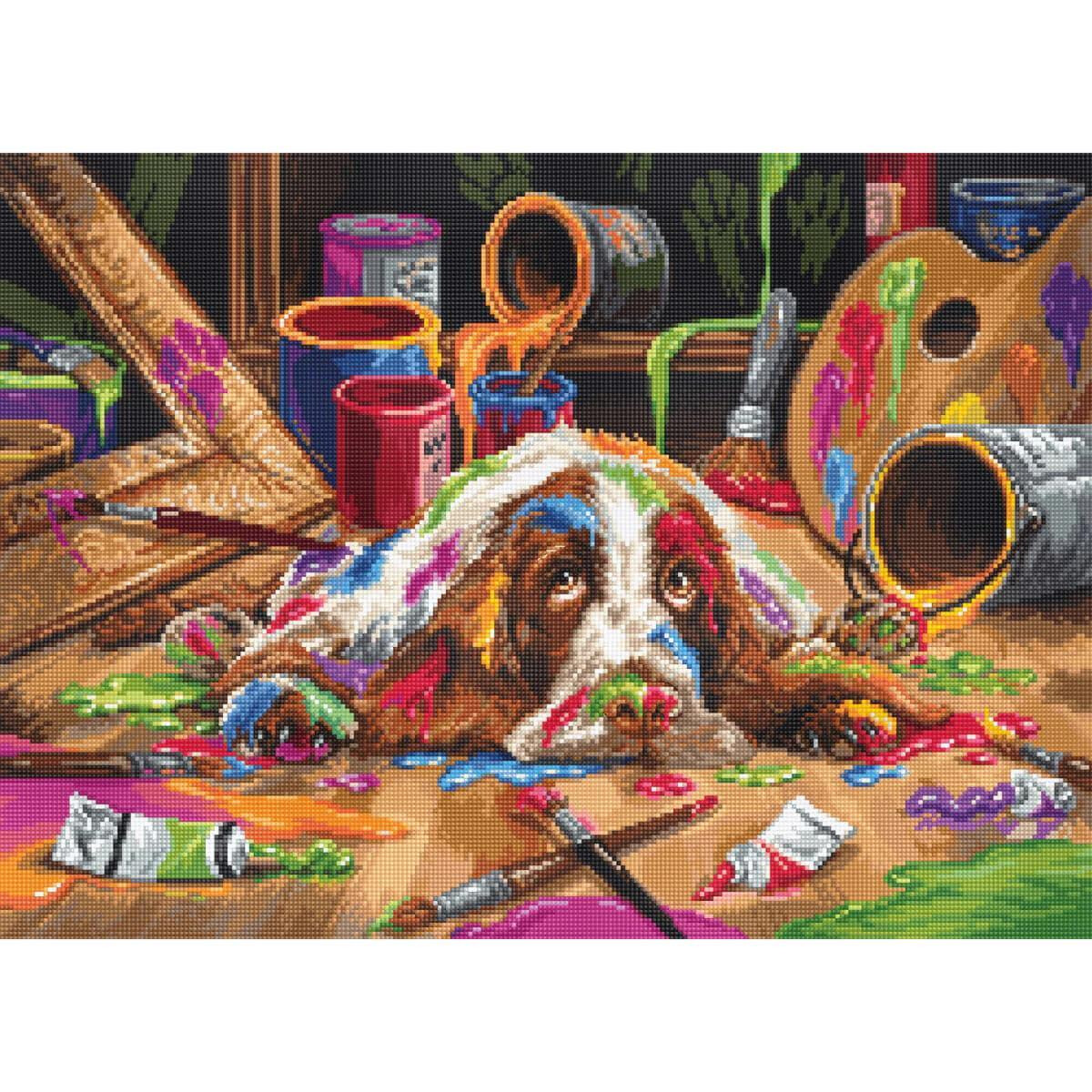 A dog lies on a wooden floor covered in colorful splashes...
