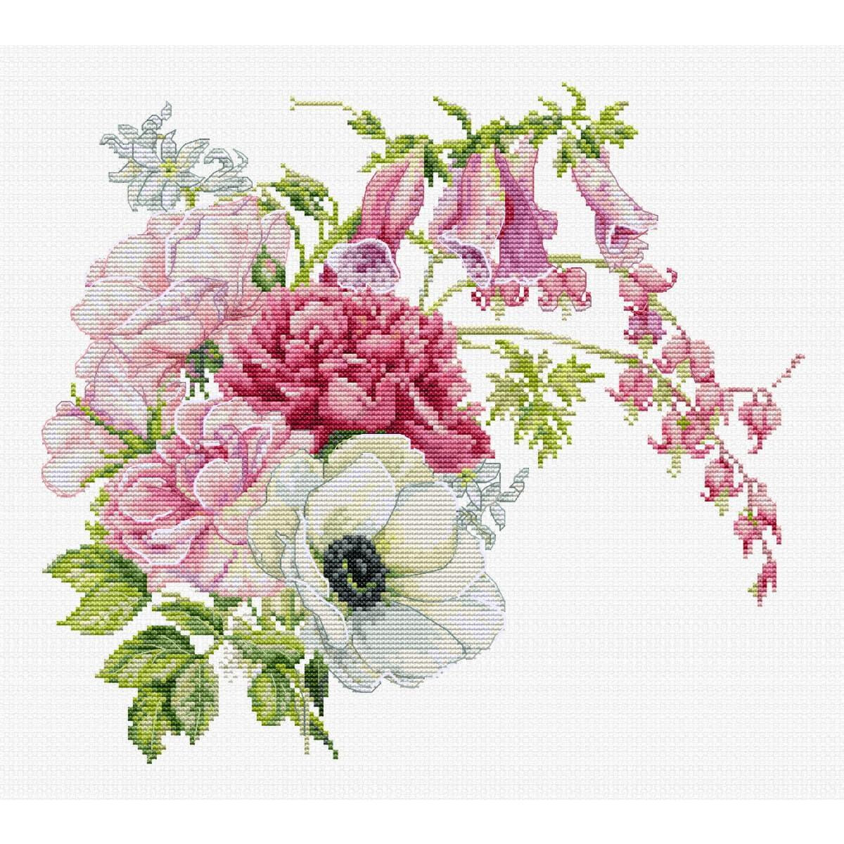 A detailed cross stitch pattern shows a bouquet of...