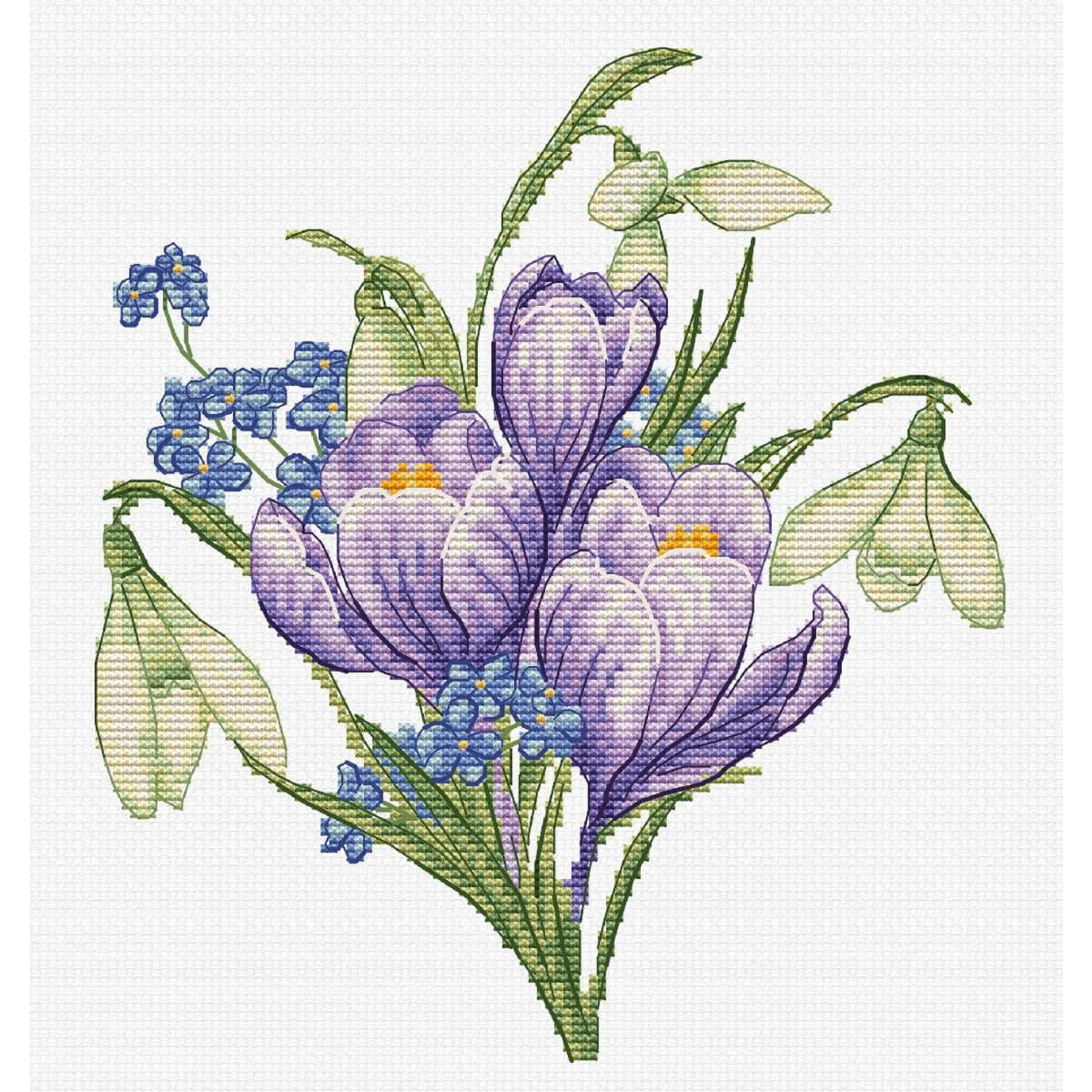 Embroidery with a bouquet of purple crocuses, blue...