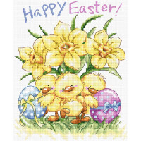Letistitch counted cross stitch kit "Three Chicks with Daffodils and Egg", 15x18,5cm, DIY