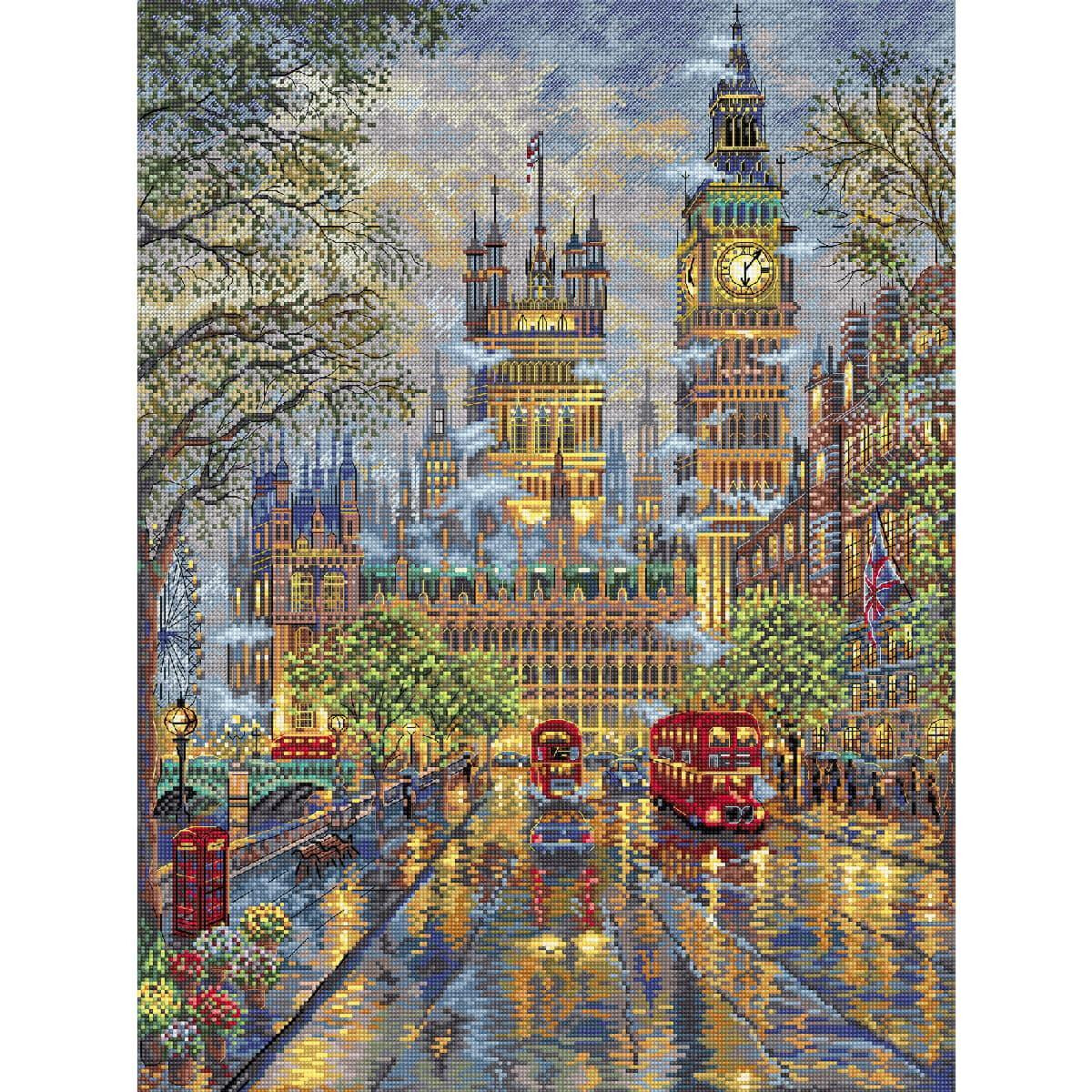 A vibrant cityscape shows Big Ben and the Palace of...
