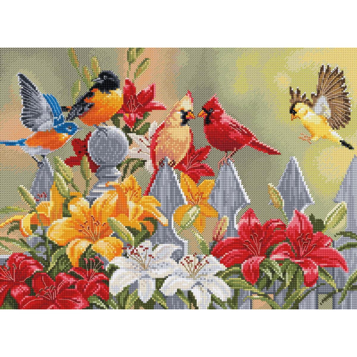 A group of colorful birds, including red cardinals and a...