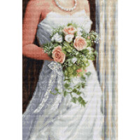 A detailed embroidery pack from Luca-s shows a bride in a white strapless wedding dress holding a lush bouquet of pink roses, gypsophila and greenery, adorned with white lace. She wears a pearl necklace and stands partially in front of a light-colored, striped curtain backdrop.