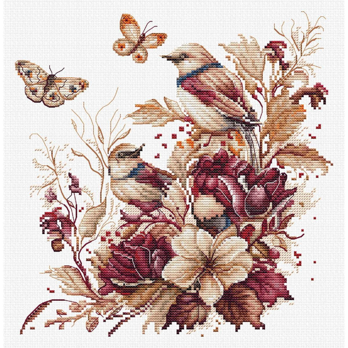 A cross-stitch picture with two birds on a lush...
