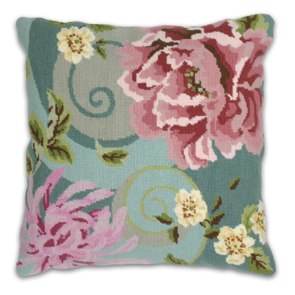 Anchor stamped Needlepoint Cushion stitch kit "Floral Swirl in Green", 40x40cm, DIY