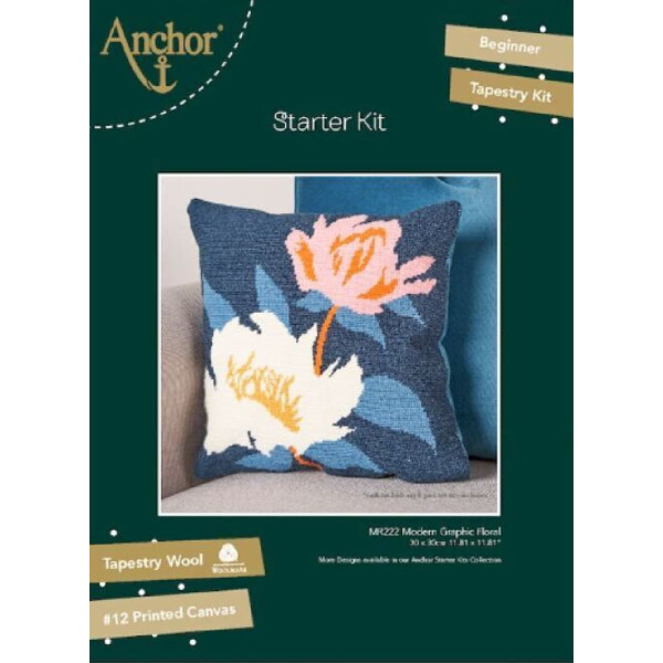 Anchor Gobelin Stickkissen Set "Moderne grafische Blumen", Stickbild gedruckt, 30x30cm