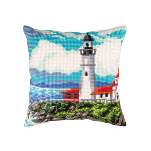 CDA stamped cross stitch kit cushion "Lighthouse on the shore the bay", 40x40cm, DIY