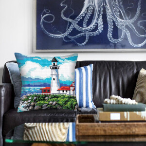 CDA stamped cross stitch kit cushion "Lighthouse on the shore the bay", 40x40cm, DIY