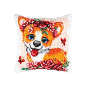 CDA stamped cross stitch kit cushion "Corgi Puppy", 40x40cm, DIY