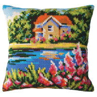 CDA stamped cross stitch kit cushion "Lake House", 40x40cm, DIY