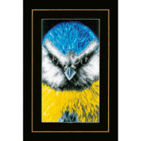 A framed, colorful diamond painting of a bird with a bright blue head, white cheeks and yellow body. The bird looks straight ahead and stands against a black background that highlights its bright colors. The frame is black with a thin gold border and is reminiscent of elegant embroidery pack designs by Lanarte.