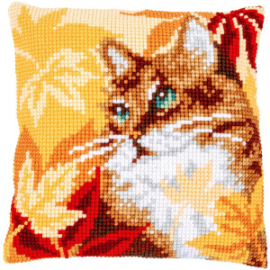 Vervaco stamped cross stitch kit cushion "Katze mit Herbstlaub", 40x40cm, DIY