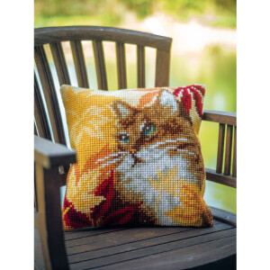 Vervaco stamped cross stitch kit cushion "Katze mit Herbstlaub", 40x40cm, DIY