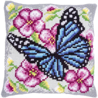 Vervaco stamped cross stitch kit cushion "Schmetterling zwischen Blumen", 40x40cm, DIY