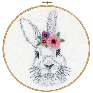 Vervaco Plattstich Set "Kaninchen mit Blumen", Stickbild gedruckt, Diam 24cm
