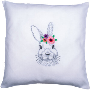 Vervaco Plattstich Set "Kaninchen mit Blumen", Stickbild gedruckt, Diam 24cm