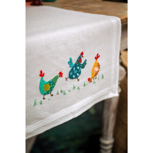 Vervaco stamped satin stitch kit tablechloth "Bunte Hühner", 40x100cm, DIY