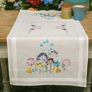 Vervaco stamped satin stitch kit tablechloth "Allium in Blau und Lila", 40x100cm, DIY