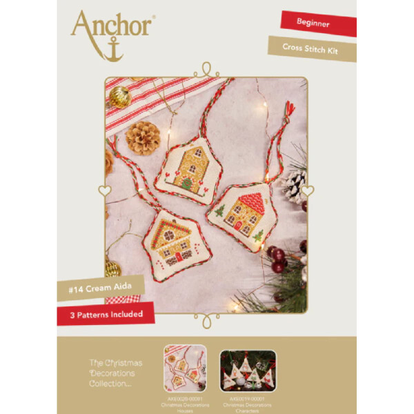 Anchor borduurpakket "Kerstdecoratie huis set 3-delig", geteld, DIY, 9x8cm