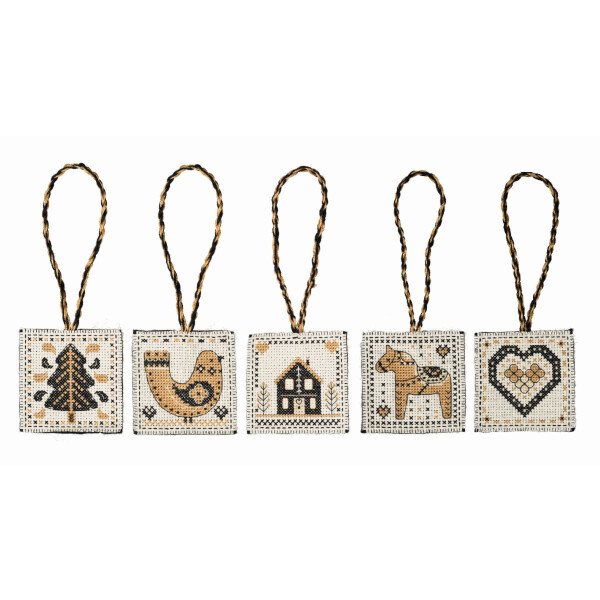 Anchor counted cross stitch kit "Hanger Nordic Decorations Black and Gold set of 5 pcs", 7x7cm, DIY