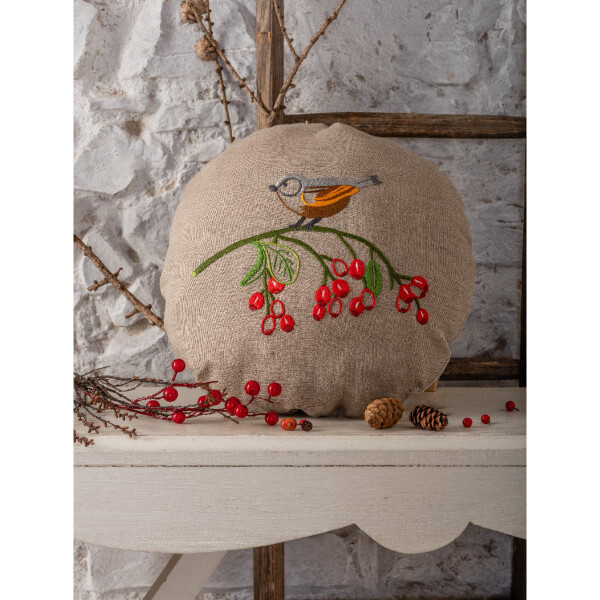 Anchor stamped cushion with cushion back satin stitch kit linen "Vintage Birds Round Cushion", Diam 31cm, DIY