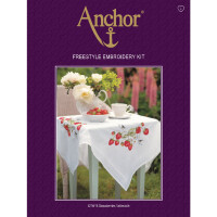 Anchor tafelkleed Satijnsteek borduurpakket "Aardbeien", voorbedrukt, 80x80cm