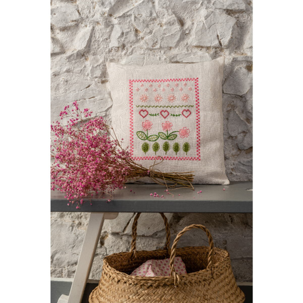 Anchor Freestyle Embroidery Pack Pillow Back "Vintage Daisy Sampler Linen", preimpreso, 35x35cm