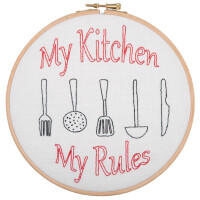 Pacchetto da ricamo Anchor Freestyle con telaio "The Kitchen Collection Linen My Kitchen - My Rules", prestampato, Diam 20cm