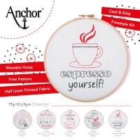 Anchor stamped freestyle stitch kit with hoop "Kitchen Collection Linen Espresso Yourself", Diam 20cm, DIY