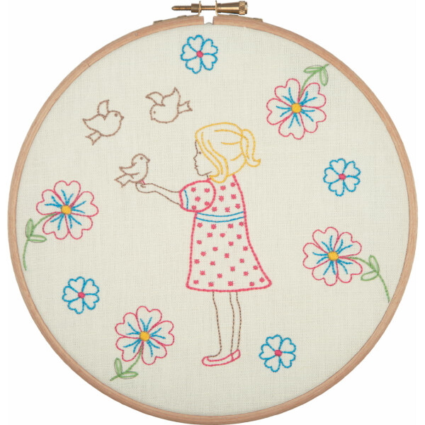 Anchor stamped freestyle stitch kit with hoop "Princess Collection Linen Feeding the Birds", Diam 20cm, DIY