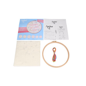 Pacchetto da ricamo Anchor Freestyle con cerchio "Princess Collection Linen Dreams Come True", prestampato, Diam 20cm