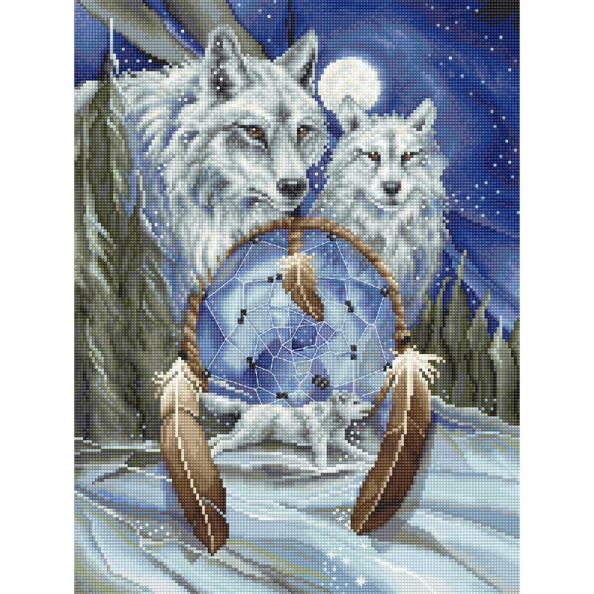 На детальной пиксельной иллюстрации изображены два волка...